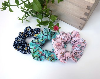 Hair scrunchies, women's hair tie, cotton scrunchies. floral blue scrunchie, turquoise with bikes scrunchie, pink with flaingos scrunchie