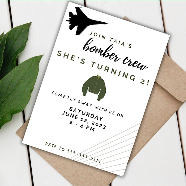 Bomber Crew Turning Two Jet Plane Editable Birthday Invitation | Top Gun Bomber Jacket 5x7 Download Template Canva