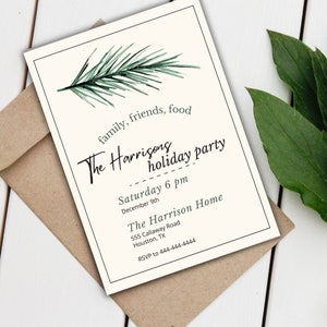 Pine Branch Holiday Party bewerkbare uitnodiging | December kerstboom minimalistisch | 5x7 Download sjabloon Canva
