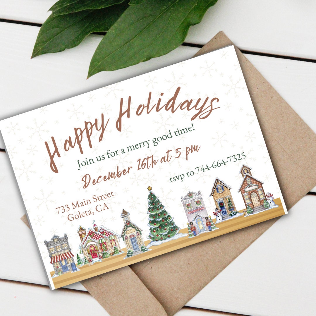 Holiday Party Invitation | Christmas Village Mantlepiece | 7x5