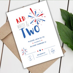 Red White Blue TWO Fireworks Second Birthday 4th of July Invite Editable | Independence Day 5x7 Download Template Canva