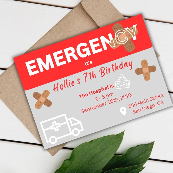 Emergency Hospital Birthday Editable Invitation | Doctor Ambulance Bandaids Medicine Medical 7x5 Download Template Canva