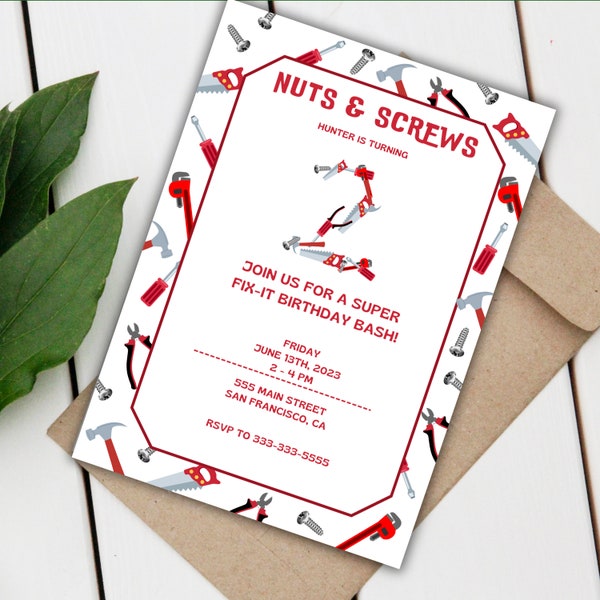 Nuts and Screws Turning Two Second Birthday Editable Invitation | Toolbox Saws Construction DIY Handyman 5x7 Download Template Canva