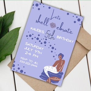 Merman Merperson Piel Oscura Permite Shellebrate Cumpleaños Invitación Editable / Púrpura 5x7 Descargar Plantilla Canva