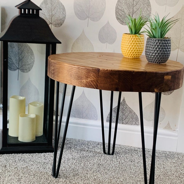 Coffee Table | Rustic Chunky Wooden Round Coffee Table with Hairpin Legs | End Table- Buy direct for discounts www.noahsarkcreations.co.uk