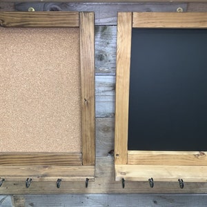 Wall Hanging, Rustic Chalk or Cork board. Wooden Black Board or Cork Board- shelf & hooks, For Office Kitchen Home