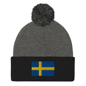 Embroidered Flag of Sweden Pom Pom Knit Cap, Winter Hat, Skull Cap