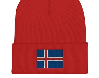 Embroidered Flag of Iceland Cuffed Beanie, Skull Cap, Winter Hat