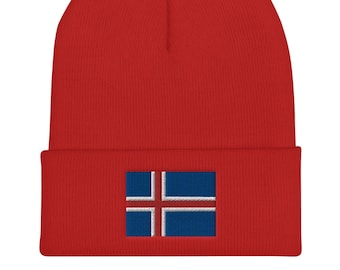 May include: Red knit beanie with a blue and white Icelandic flag embroidered on the front.