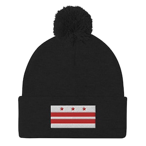 Embroidered Flag of Washington, DC Pom-Pom Beanie, Skull Cap Winter Hat, Choose from 10 colors