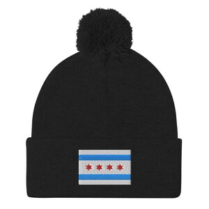 Embroidered Flag of Chicago Pom-Pom Beanie Skull Cap Winter Hat, Choose from 10 colors