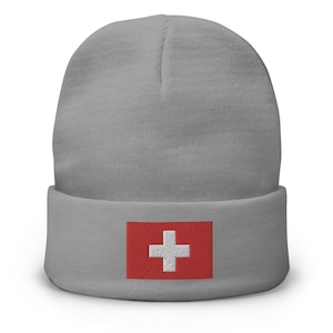 Embroidered Flag of Switzerland Cuffed Beanie, Skull Cap, Winter Hat