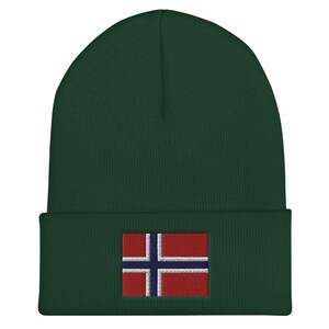 May include: A dark green beanie with a folded brim. The beanie features an embroidered Norwegian flag patch on the front. The flag has a red background with a white-bordered blue cross.