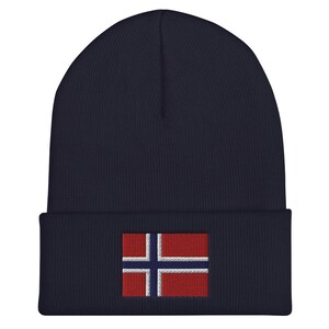 Embroidered Flag of Norway Cuffed Beanie, Skull Cap, Winter Hat Navy