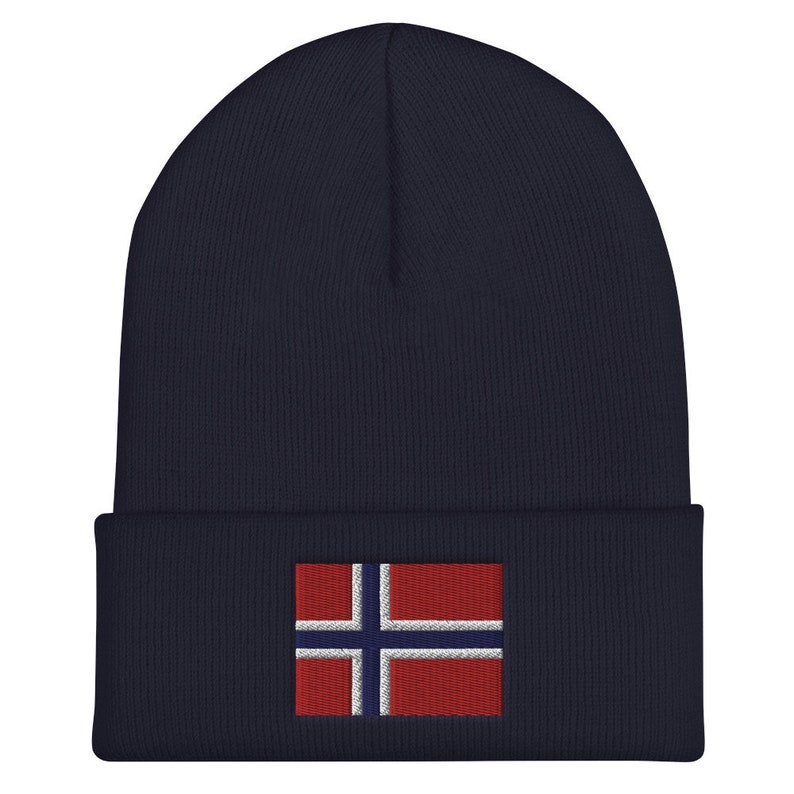 Embroidered Flag of Norway Cuffed Beanie, Skull Cap, Winter Hat Navy