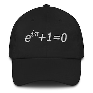 May include: A black baseball cap with white embroidery of the mathematical equation "e^(i*pi) + 1 = 0".
