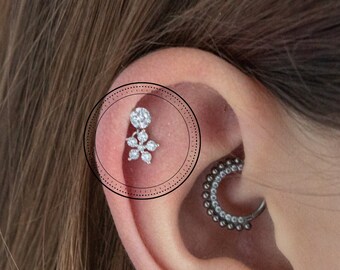 Tiny Flower Drop Earring, Cartilage Earrings, Helix Earrings, Lobe Piercing, Crystal Barbell, Tiny Earring, Dainty Crystal Earring