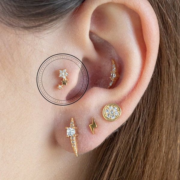 Tragus Piercing, Star Trio, Helix Piercing, Cartilage Piercing, 16G, Tiny Star, Tragus, Conch, Auricle, Philtrum, Auricle Piercing