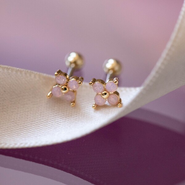 Tiny Pink Moonstone Stud Earrings, Cute Clover Design Barbell Earring, Dainty Stud Earrings, Everyday Stacking Earring