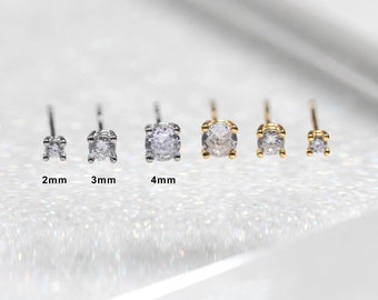 Sterling Silver Solitaire Crystal Stud Earrings, 2mm, 3mm and 4mm available in Silver and Gold, Dainty Earring, Stacking Stud