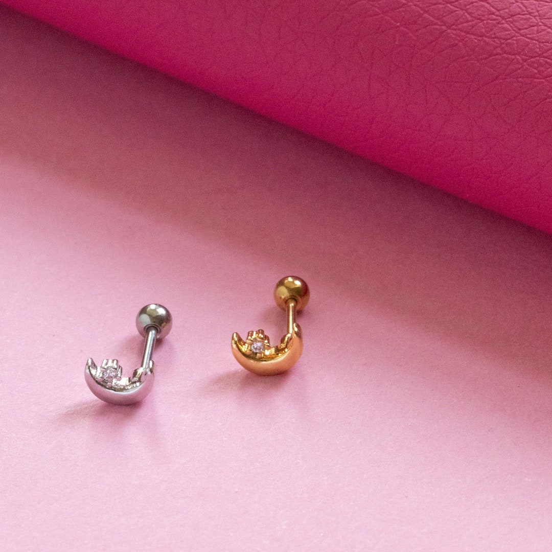 Silver Moon Tragu Stud, Piercing Jewelry, Forward Helix Moon, Crystal