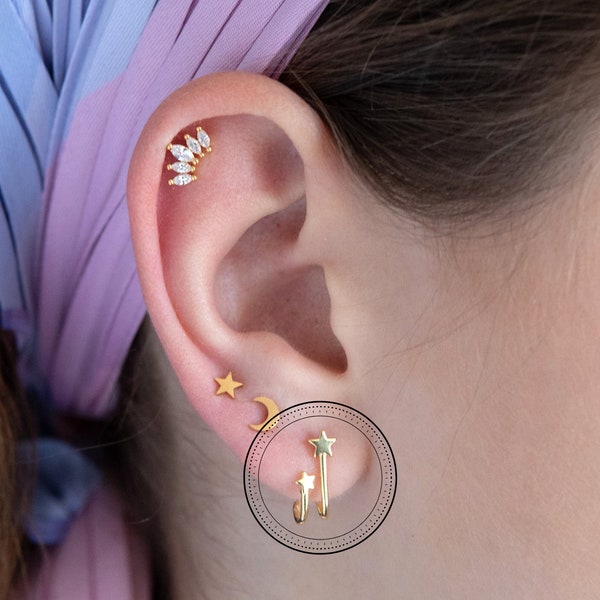 Star Illusion Earrings, Drop Earring, Ear Piercing, Silver Earrings, Stacking Earrings, Dangle Earring, Simple Stud Earring, Double Hoop