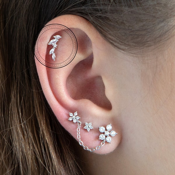 Floral Crawler Helix Piercing, Crystal Helix Earring, Simple Barbell Stud, Tragus Piercing, Cartilage Earring, Conch Stud, 316L Earring