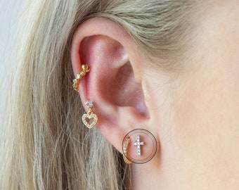 Tiny CZ Cross Earring, Dainty CZ Earrings, Huggie Earrings, Lobe Piercing, Crucifix Earring, Cubics Zircona, Earring, Auricle Piercing