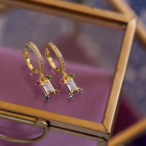 Sterling Silver Charm Huggie Earrings, Gold Plated Charm Earrings, Harlequin Charm Earrings, Dangle Hoops, Minimalist Earrings