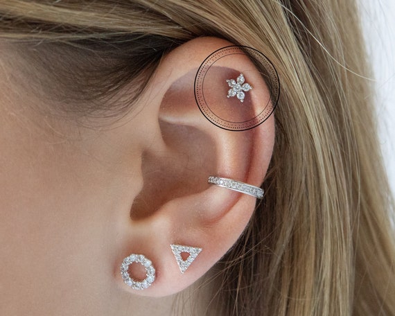 Seven Silver Leaves Cartilage Earring - ear cuff , silver ear piercing , cartilage  earring | Silver ear cuff, Cartilage earrings, Gold earrings studs