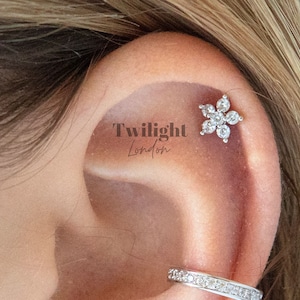 Rose Helix Earring, Silver Cartilage Stud Earring, Cartilage Piercing, Silver Helix Piercing, Conch Stud, Barbell Earring, Helix Jewelry
