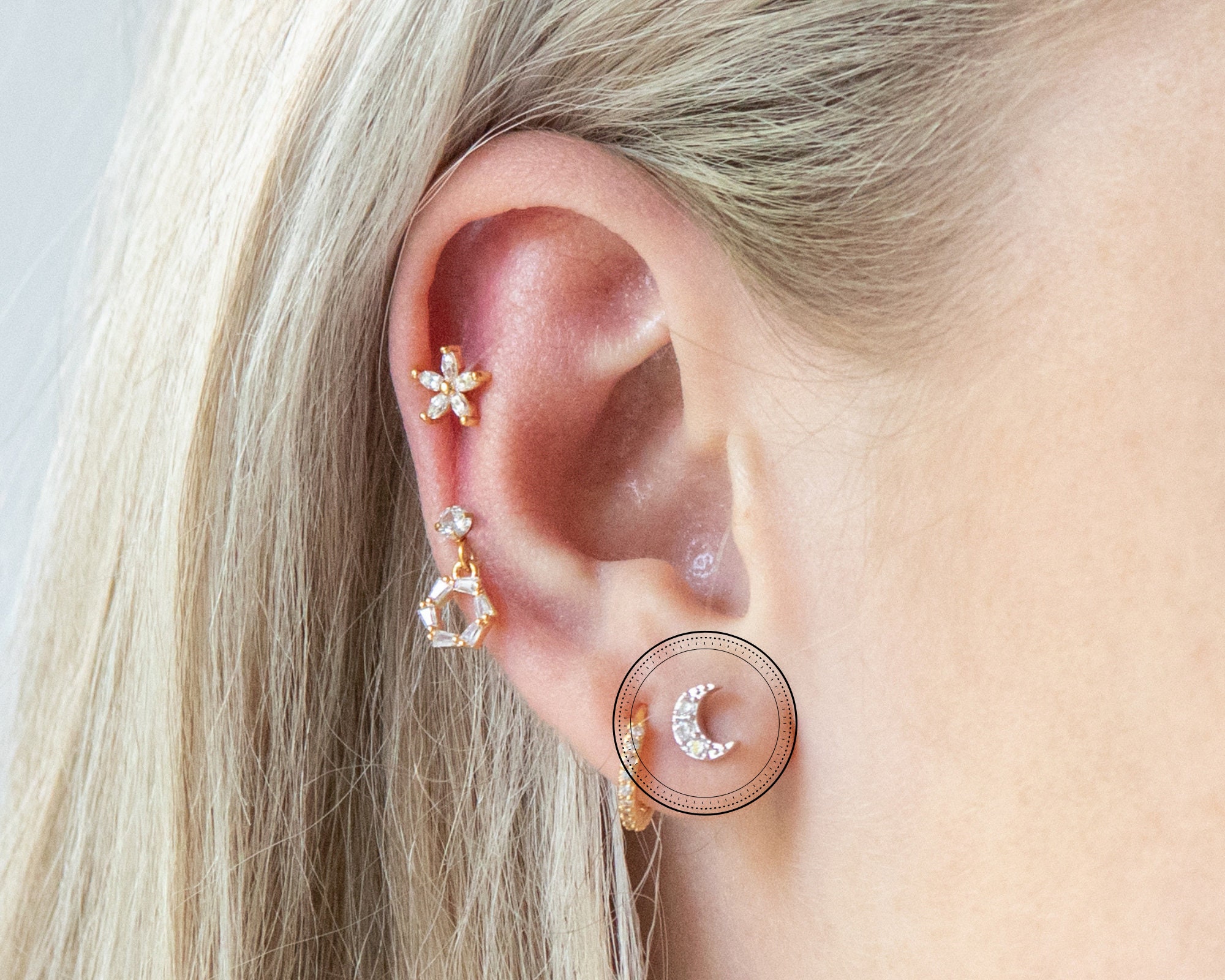 Tiny CZ Moon Barbell Earring, Cartilage Piercing, Helix, Screwback Ea…