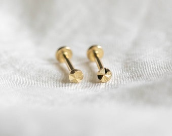 Single 14K Solid Gold Stacked Lobe Stud Earring, Labret Piercing, Forward Helix, Tragu, Cartilage Stud, Philtrum, Tragus, Lip Piercing