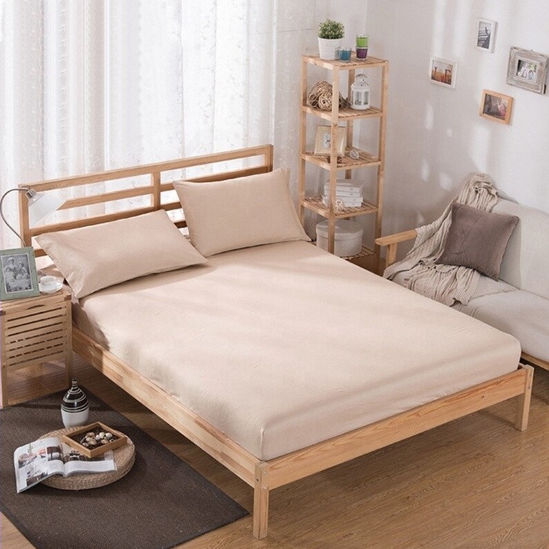 100% Baumwolle Spannbettlaken & Kissenbezüge Spannbetttuch Bettlaken Matratzenbezug Spannbetttücher Bettwäsche Beige