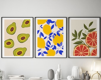 Set of 3 Wall Art Print / Kitchen Wall Decor / Fruits Print / Avocado Print / Orange Print / Lemon Print / Citrus Wall Art Printable