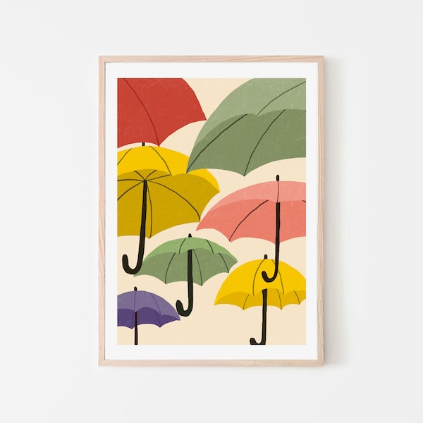 Umbrella Print, Rainy Day Wall Art, Printable Wall Art, Living Decor, Digital Print, Illustration Art Work, Vintage Print