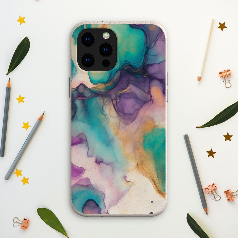 May include: A phone case with a colorful abstract design featuring shades of blue, purple, and gold. The case has a white background and a camera cutout.