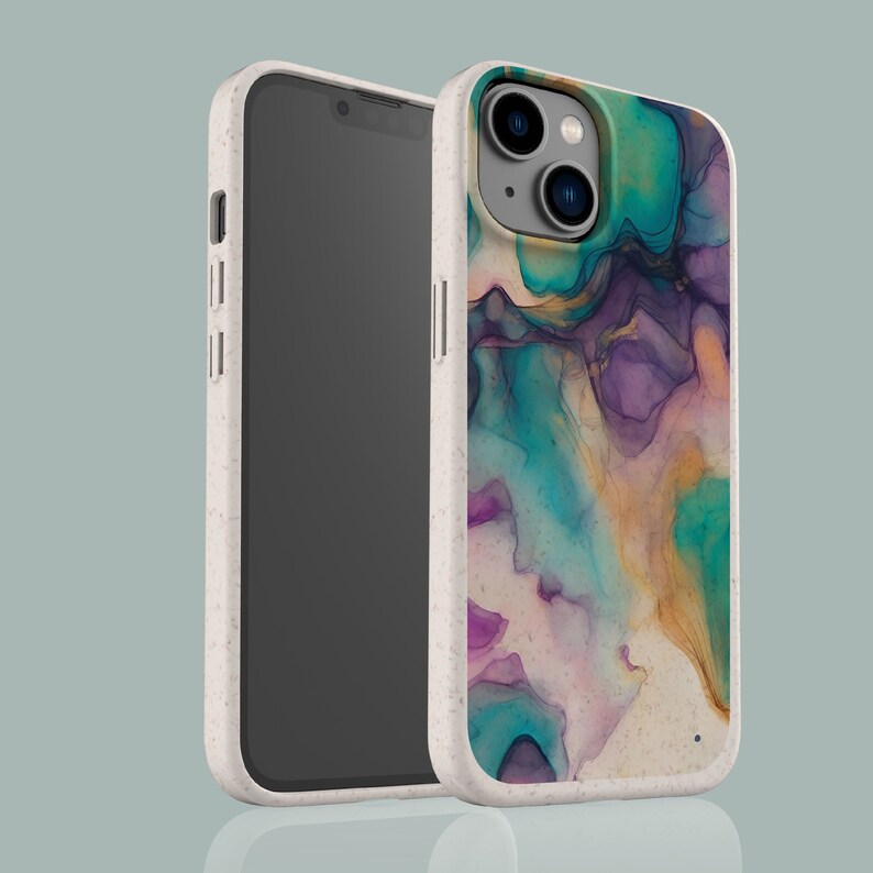 May include: A white phone case with a colorful abstract design. The case has a raised camera bump and a textured surface.