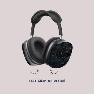 Midnight navy AirPods Max case showcasing ethereal star map with delicate gold constellation lines. Elegant snap-on protective cover for Apple headphones. Astronomical tech accessory that captures the magic of the night sky's infinite wonder.