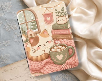 Étui Kindle Kawaii Chat Cozy, Cute Cottage Paperwhite Colorsoft Cover, Hot Cocoy Bookish Magnet Case