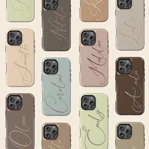 Earthy tones personalized iPhone case with custom name and monogram. Sleek design for iPhone 16, 15, 14 Pro Max, 13, and 12. Available in glossy or matte finish. Slim profile with MagSafe compatibility. Unique gift idea.