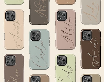 Custom Name iPhone Tough MagSafe Case, Personalized Phone Cover for iPhone 17 16 15 14 13 Pro Max Plus Mini Earthy Tough Case Cursive Design