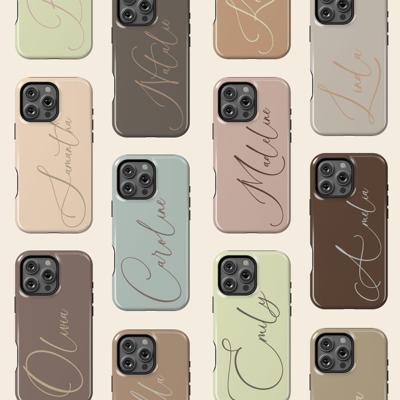 Earthy tones personalized iPhone case with custom name and monogram. Sleek design for iPhone 16, 15, 14 Pro Max, 13, and 12. Available in glossy or matte finish. Slim profile with MagSafe compatibility. Unique gift idea.