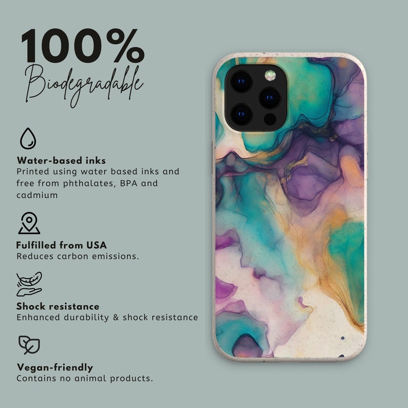 May include: A phone case made from 100% biodegradable material with a colorful abstract design. The case is printed with water-based inks and is free of phthalates, BPA, and cadmium. It is also shock resistant and vegan-friendly.