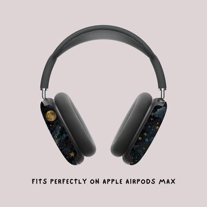 Celestial-inspired AirPods Max cover with luminous gold star clusters and crescent moon details. Protective case for Apple headphones. Cosmic design that brings the mystery of the universe to your premium audio accessories.