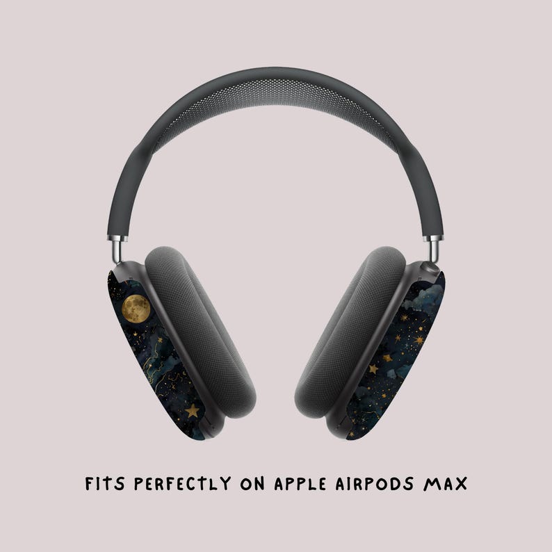 Celestial-inspired AirPods Max cover with luminous gold star clusters and crescent moon details. Protective case for Apple headphones. Cosmic design that brings the mystery of the universe to your premium audio accessories.