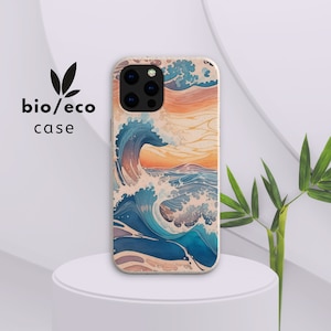 Peut inclure: Une coque de téléphone avec un motif de vague bleu et orange. La coque est fabriquée dans un matériau durable et porte le logo bio/eco case.