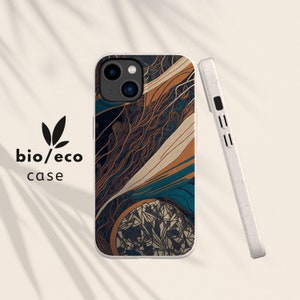 May include: A smartphone case with an abstract design in shades of navy, teal, and tan. The case features a swirling pattern with a geometric element at the bottom. The words "bio/eco case" are printed on the left side.