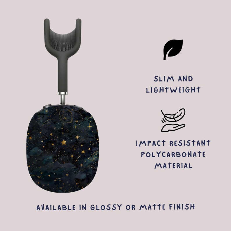 Starry night AirPods Max cover with intricate moon phases and gold-accented constellation patterns. Premium protective case for Apple headphones. Cosmic-inspired design that transforms your audio gear into a mesmerizing celestial masterpiece.
