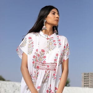 Indian Hand Block Printed Floral White Kaftan Dress Summer Wear Block Printed White Cotton Dress
